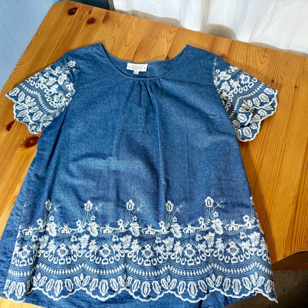 Crescent Denim Blue Kids Blouse with White Embroidery